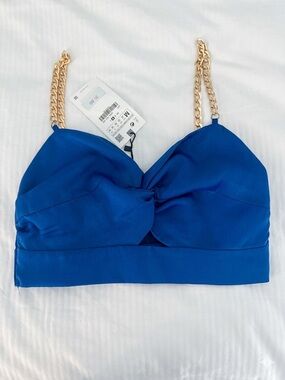 Zara Royal Blue Twist-Front Crop Top with Gold Chain Straps